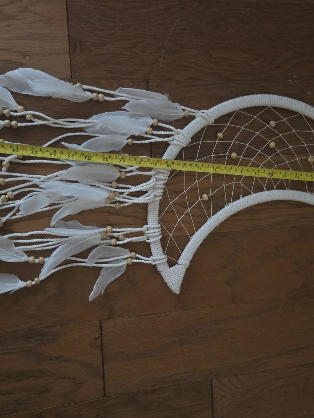 Macrame White Crescent Moon Feather Dreamcatcher Wall Hanging. Boho